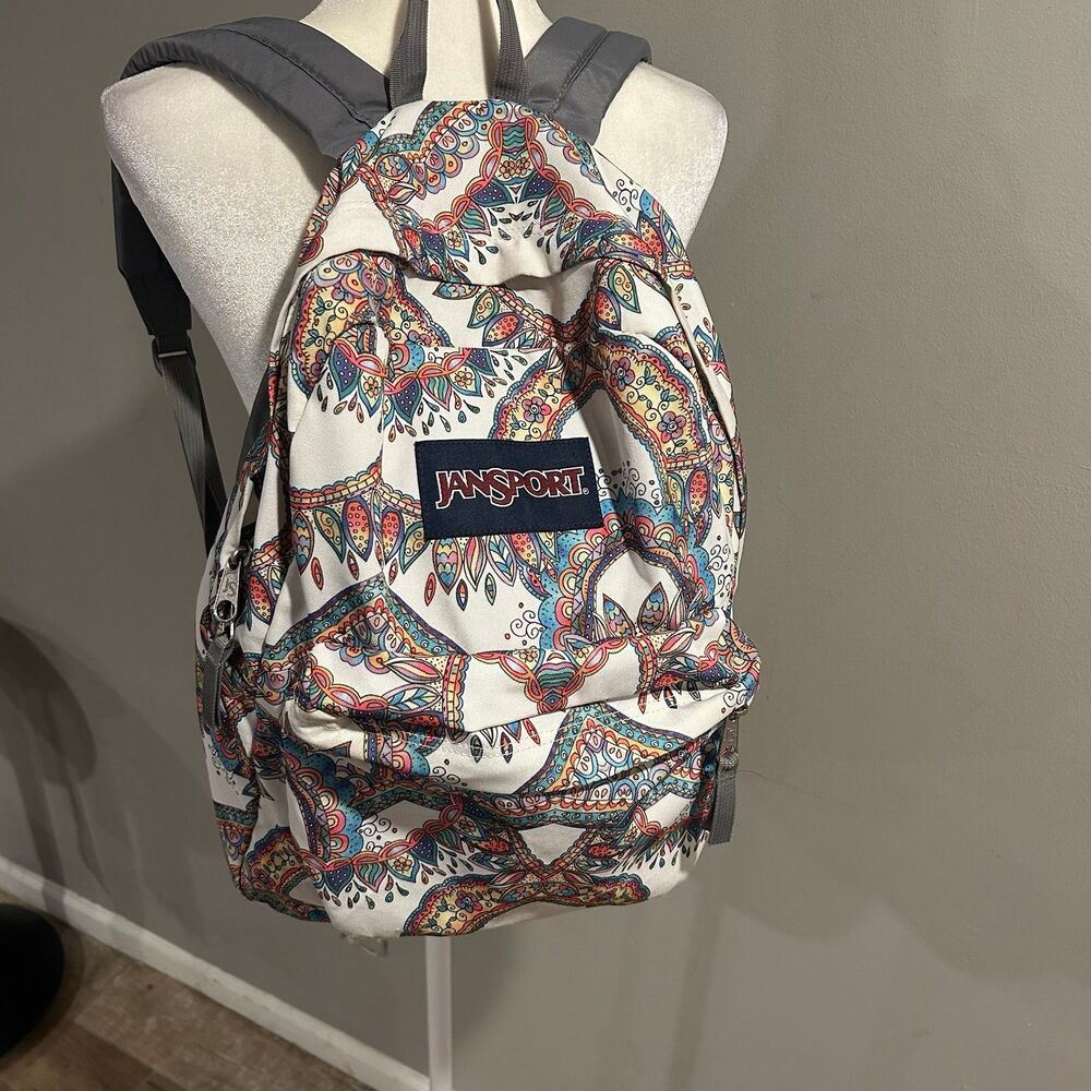 Jansport Superbreak White Boho Paisley Print Classic Single Compartment Backpack - Picture 2 of 10